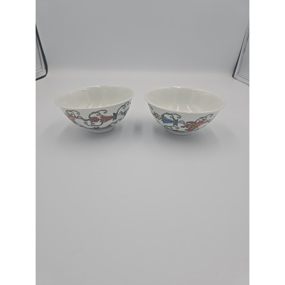 Vintage Chinese Porcelain Bowls Hand Painted Butterfly Squash Blossom‎ Set/2